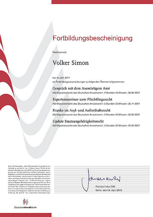 Fortbildungsbescheinigung 2014 des Deutschen Anwaltvereins e.V. (DAV)